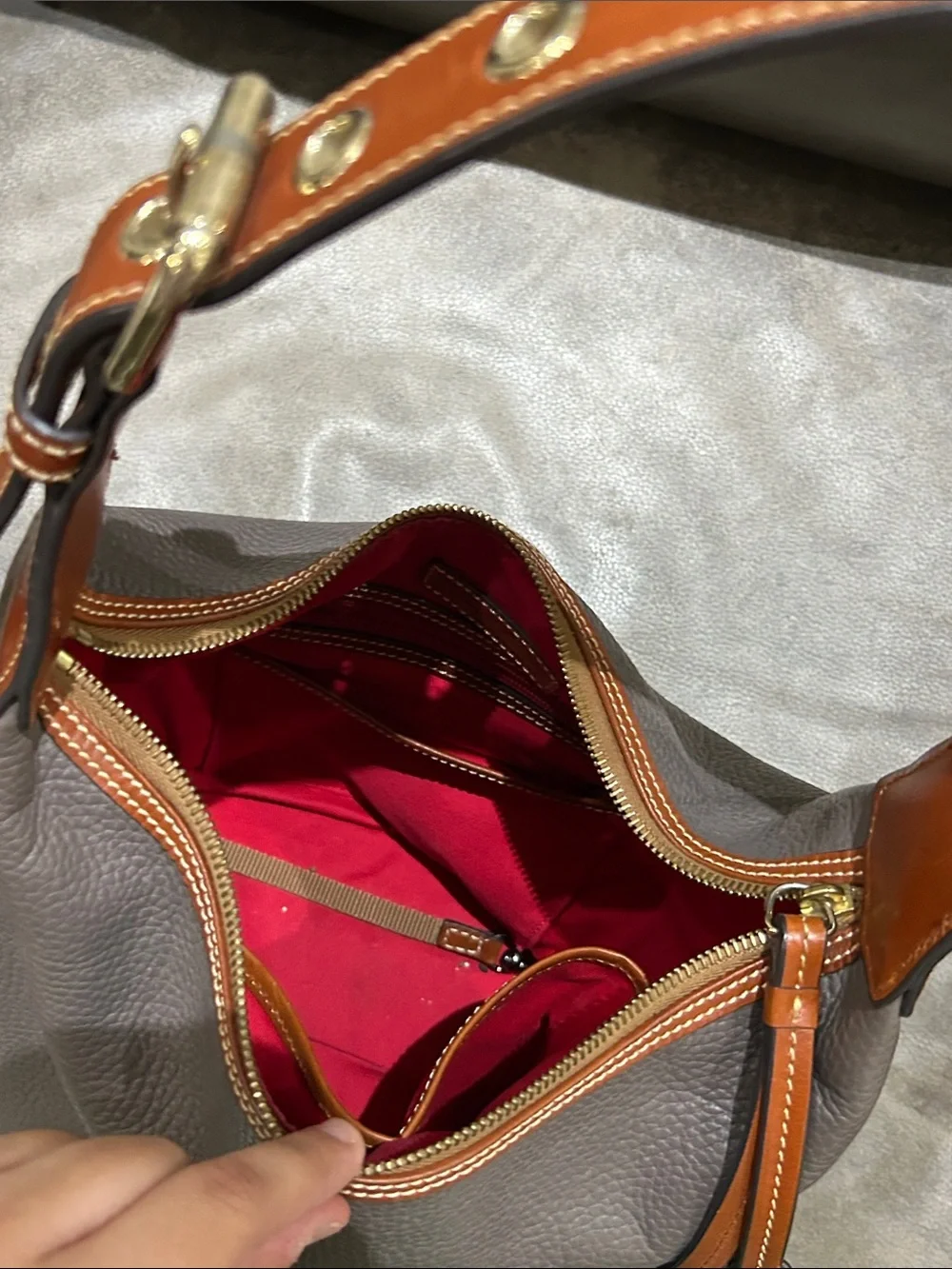 Women’s Taupe Leather Hobo Bag with Brown Trim
